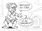  angry anthro asdfmovie barefoot black_and_white bottomwear building car cervid clothing cloud darwin_(tinydeerguy) dialogue english_text food hi_res male mammal monochrome outside sandwich_(food) shirt shorts sidewalk simple_background solo text tinydeerguy topwear vehicle white_background 