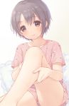  1girl blush bob_cut eyebrows_visible_through_hair eyes_visible_through_hair fingernails grey_eyes grey_hair hands highres holding_legs idolmaster idolmaster_cinderella_girls indoors kazane_mari legs no_pants otokura_yuuki pajamas pillow pink_pajamas short_hair sidelocks sitting smile solo thighs 