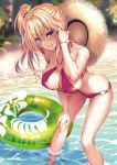  1girl ass bare_shoulders beach bikini blonde_hair blurry blurry_background bracelet breasts cleavage comic_exe day depth_of_field eyebrows_visible_through_hair hair_ornament hair_tucking halterneck hand_on_own_knee hat highres innertube jewelry large_breasts leaning_forward long_hair looking_at_viewer non-web_source o-ring o-ring_bikini o-ring_bottom o-ring_top outdoors parted_lips piromizu red_bikini side_ponytail sidelocks smile solo straw_hat sun_hat swimsuit wading water wet 