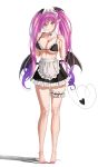  1girl absurdres apron bare_legs bare_shoulders barefoot black_dress bra demon_girl demon_tail demon_wings dress feet highres long_hair maid maid_apron maid_dress maid_headdress nonekong original pink_hair succubus tail twintails underwear white_apron wings yellow_eyes 