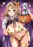  1girl bikini bikini_bottom bikini_top blush breasts brown_eyes candy cape cleavage cowboy_shot food gloves gold_bikini halloween halloween_costume hat highres houston_(kantai_collection) jack-o&#039;-lantern kantai_collection kyogoku_shin large_breasts leaning_forward light_blush light_brown_hair long_hair micro_bikini navel revision robe shiny shiny_clothes shiny_swimsuit side-tie_bikini smile stomach swimsuit thighhighs thighs white_gloves witch_hat 