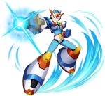  1boy android arm_cannon capcom clenched_hand clenched_teeth full_body green_eyes helmet highres male_focus mizuno_keisuke official_art rockman rockman_x rockman_x_dive serious solo teeth transparent_background weapon x_(rockman) 