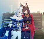  4girls akagi_(azur_lane) amagi_(azur_lane) animal_ears azur_lane bare_shoulders bench black_hair blurry breasts bush cleavage collarbone commentary_request depth_of_field detached_sleeves fox_ears fox_girl hair_ornament hiding highres japanese_clothes kaga_(azur_lane) long_hair long_sleeves multiple_girls off-shoulder_kimono off_shoulder oriental_umbrella out_of_frame park_bench parted_lips po-ou._frame shinano_(azur_lane) silver_hair sitting sleeping sleeping_on_person thighhighs umbrella white_legwear wide_sleeves zettai_ryouiki 