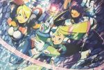  3girls alia_(rockman) android bangs blonde_hair blue_eyes blunt_bangs breasts capcom dark_skin green_eyes gun hime_cut holding holding_weapon large_breasts layer_(rockman) long_hair mole mole_under_eye multiple_girls open_mouth palette_(rockman) purple_hair rapier robot_ears rockman rockman_x signature smile source_request sword weapon yoshikawa_tatsuya 