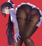  1girl :o ass azur_lane bent_over black_hair black_legwear blush bow breasts from_behind hair_bow highres large_breasts long_hair looking_back makumaxu military military_uniform miniskirt panties panties_under_pantyhose pantyhose pleated_skirt ponytail presenting skirt takao_(azur_lane) thighband_pantyhose underwear uniform 