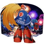  1boy alternate_costume android blonde_hair blue_eyes capcom fan festival fireworks from_behind full_body happi helmet highres holding holding_fan japanese_clothes long_hair long_sleeves looking_back male_focus mizuno_keisuke official_art ponytail rockman rockman_x rockman_x_dive smile solo standing very_long_hair zero_(rockman) 