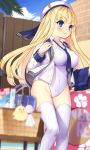  1girl azur_lane bangs bird blonde_hair blue_eyes blue_neckwear blue_sky blunt_bangs blurry brick_wall chick cloud commentary_request competition_swimsuit day depth_of_field eyes_visible_through_hair feet_out_of_frame highres icarus_(azur_lane) icarus_(nereid&#039;s_discovery)_(azur_lane) jacket kuro_chairo_no_neko long_hair manjuu_(azur_lane) necktie official_alternate_costume one-piece_swimsuit outdoors school_uniform skirt skirt_removed sky solo swimsuit swimsuit_under_clothes teruterubouzu thighhighs white_jacket white_legwear white_swimsuit 