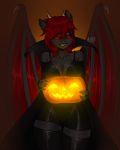  4:5 absurd_res anthro black_body black_scales clothed clothing dragon equid equine female food fruit hair halloween hi_res holidays horse hybrid liss mammal plant pony pumpkin razgriz_darkheart red_eyes red_hair scales solo wings 
