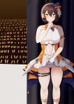  1girl ahoge arm_strap azur_lane backstage baltimore_(azur_lane) baltimore_(muse)_(azur_lane) bangs bare_shoulders blush boots bow braid breasts brown_hair center_opening clothing_cutout collared_shirt commentary_request cowboy_shot crowd curtains eyebrows_visible_through_hair finger_to_mouth french_braid gloves glowstick hair_between_eyes hat headset highres idol knee_boots large_breasts lifted_by_self looking_at_viewer mini_hat navel navel_cutout official_alternate_costume orange_bow oreon_z panties shirt short_hair sidelocks skindentation skirt skirt_lift sleeveless sleeveless_shirt solo stage standing thigh_strap underboob underboob_cutout underwear white_footwear white_gloves white_panties white_skirt yellow_eyes 
