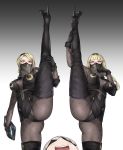  1boy 2girls black_gloves black_hairband blonde_hair boots closed_eyes fishnet_legwear fishnets flexible gloves hairband hands_on_own_face highres long_hair medium_hair mind_control mouth_veil multiple_girls nier_(series) nier_automata nyatokanyaru open_mouth operator_21o operator_6o red_eyes see-through split standing standing_on_one_leg standing_split thigh_boots thighhighs upper_body veil yorha_no._9_type_s 