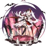  1girl azur_lane bare_shoulders bat_wings black_legwear black_vest bow candle crown detached_sleeves finger_to_mouth floating_hair full_body hair_bow high_heels highres idol leg_garter leg_up long_hair looking_at_viewer microphone_stand mini_crown miniskirt official_art over-kneehighs pleated_skirt red_eyes red_footwear red_skirt saru shirt skirt solo stage_lights thighhighs tongue tongue_out transparent_background twintails vampire_(azur_lane) vampire_(night_princess_idol)_(azur_lane) very_long_hair vest white_hair white_shirt wings 