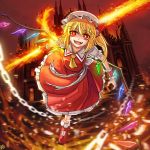  a-xii blonde_hair chain crazy_eyes dress flandre_scarlet flying hat highres holding holding_weapon looking_at_viewer mob_cap open_mouth red_dress red_eyes red_sky scarlet_devil_mansion short_hair sky smile solo sword touhou weapon yellow_neckwear 