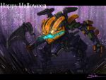  axe bottoms1237 glowing glowing_eyes halloween highres holding holding_axe jack-o&#039;-lantern looking_down mecha no_humans original science_fiction shoulder_cannon solo yellow_eyes 