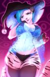  anthro bambolbi black_stripes black_thigh_socks blue_eyes blue_hair bra breasts cleavage clothed clothing digital_media_(artwork) fangs felid female footwear front_view fur hair hat headgear headwear hi_res legwear lips looking_at_viewer mammal pantherine panties portrait shaded socks solo stripes stripes_(marking) thigh_highs thigh_socks three-quarter_portrait tiger translucent translucent_clothing underwear white_body white_fur witch_hat 