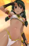  1girl :o arabian_clothes arm_up armlet armpits bandeau black_eyes black_gloves breasts breath cowboy_shot crop_top fingerless_gloves gloves green_hair hair_ornament hot long_hair looking_at_viewer navel panties parted_lips revealing_clothes small_breasts solo soulcalibur soulcalibur_iv standing stomach sweat talim tea_(nakenashi) thighs underwear white_panties 