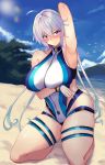  1girl absurdres ahoge arm_up beach blue_swimsuit breasts cosplay curvy day fate/grand_order fate_(series) highleg highleg_swimsuit highres large_breasts leotard light_purple_hair long_hair looking_at_viewer low_twintails multicolored multicolored_clothes multicolored_swimsuit one-piece_swimsuit outdoors purple_eyes purple_swimsuit sand senki_zesshou_symphogear shiny shiny_hair shiny_skin skindentation solo swimsuit t_bone_(06tbone) thighs tomoe_gozen_(fate/grand_order) tomoe_gozen_(swimsuit_saber)_(fate) tomoe_gozen_(swimsuit_saber)_(fate)_(cosplay) twintails water white_swimsuit yukine_chris 