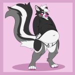  67marshmallows anthro black_clothing black_hoodie black_topwear briefs clothing drawyourfursona hi_res hoodie hoodie/briefs_meme male mammal meme meme_clothing mephitid overweight simple_background skunk solo standing topwear underwear white_clothing white_underwear 