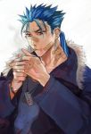  1boy alternate_costume bandaid bandaid_on_face bandaid_on_nose blood blood_splatter blue_hair bracelet cigarette cu_chulainn_(fate)_(all) dog_tags earrings eyebrow_piercing fate/stay_night fate_(series) fur fur-trimmed_jacket fur_trim itk jacket jewelry lancer lighting_cigarette long_hair looking_down male_focus piercing red_eyes ring simple_background smoke smoking solo spiked_hair type-moon white_background 