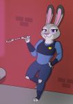  2020 3_toes 4_fingers alley anthro blue_clothing blue_uniform brick_wall bulletproof_vest clothed clothing countershade_face countershading deskmaniac digital_media_(artwork) dipstick_ears disney female fingers footwear fur grey_body grey_fur hand_on_hip handcuffs hi_res judy_hopps knee_pads lagomorph leaning leaning_back leporid looking_at_viewer mammal multicolored_ears on_wall pink_nose police_uniform purple_eyes rabbit shackles smile solo spinning_handcuffs toeless_footwear toes uniform zootopia 