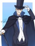  1boy adjusting_clothes adjusting_headwear black_cape black_headwear black_jacket black_neckwear black_pants blue_background blue_eyes border bow bowtie cane cape english_commentary facial_hair fate/grand_order fate_(series) gloves grey_hair hat highres jacket james_moriarty_(fate/grand_order) monocle mustache pants signature solo toni_nguyen top_hat tuxedo white_border white_gloves 