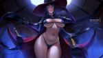  1girl bikini black_gloves black_hair breasts cape cleavage curvy detached_collar from_below genshin_impact gloves hat highres large_breasts lolliedrop long_hair low_twintails mage micro_bikini mona_(genshin_impact) navel pinup_(style) red_cape stomach swimsuit thick_thighs thighs twintails underboob very_long_hair witch_hat 