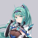  1girl bangs breasts chest_jewel earrings gloves green_eyes green_hair grey_background highres jewelry large_breasts long_hair long_ponytail looking_at_viewer pneuma_(xenoblade) ponytail sarasadou_dan solo swept_bangs tiara upper_body very_long_hair xenoblade_chronicles_(series) xenoblade_chronicles_2 