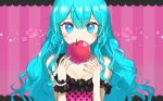  1girl apple aqua_eyes aqua_hair aqua_nails bare_shoulders blouse blush bracelet breasts cleavage collarbone commentary covered_mouth earrings eyebrows_visible_through_hair floating floating_object flower food fruit hair_between_eyes hair_down hatsune_miku hyokko_(hiyotuko) jewelry long_hair pearl_bracelet pink_background pink_blouse polka_dot polka_dot_blouse romeo_to_cinderella_(vocaloid) rose single_wrist_cuff solo spaghetti_strap sparkle strap_slip striped striped_background upper_body vertical_stripes vocaloid wavy_hair 