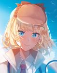  1girl blonde_hair blue_eyes close-up had hair_ornament highres hololive hololive_english light_blush looking_down mini_necktie misu_(miisuuu) red_neckwear smile solo virtual_youtuber watson_amelia 