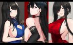  3girls animal_ears backless_dress backless_outfit bangs black_hair blue_eyes blush breasts cleavage cleavage_cutout clothing_cutout dress earrings elbow_gloves gloves hair_between_eyes hair_over_one_eye halterneck hayabusa jewelry large_breasts letterboxed long_hair looking_at_viewer medium_breasts multiple_girls open_mouth original parted_bangs purple_eyes short_hair_with_long_locks sideboob silver_eyes smile upper_body 