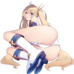  1girl ass bangs bare_shoulders blonde_hair blue_eyes blush boots bradamante_(fate/grand_order) braid breasts crown_braid elbow_gloves fate/grand_order fate_(series) gloves hair_between_eyes hair_ornament knee_boots large_breasts legs leotard long_hair looking_at_viewer nakatama_kyou open_mouth simple_background twintails two-tone_leotard very_long_hair white_background 