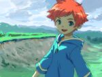  1girl :d blue_eyes blue_hoodie cloud grass hill hood hoodie kumatora looking_at_viewer lowres mother_(game) mother_3 outdoors red_hair senntakuya short_hair sky smile very_short_hair 