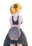  1girl aletta apron black_dress blonde_hair closed_mouth dararito dress frilled_apron frills from_behind green_eyes holding holding_plate horns isekai_shokudou looking_away pinafore_dress plate ponytail puffy_short_sleeves puffy_sleeves shirt short_dress short_hair short_sleeves simple_background smile white_background white_shirt 