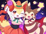 animal_ear_fluff arm_up black_cape blush braixen candy cape commentary_request eyelashes fang food fur furret gen_2_pokemon gen_6_pokemon green_ribbon halloween happy hat highres holding holding_candy holding_food holding_lollipop kemoribon lollipop neck_ribbon one_eye_closed open_mouth orange_headwear paws pokemon pokemon_(creature) red_eyes ribbon star_(symbol) stick tongue witch_hat 