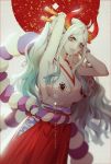  1girl adjusting_hair breasts cleavage dywx_poison green_hair hakama horns huge_breasts japanese_clothes long_hair mouth_hold multicolored_hair one_piece oni_horns pale_skin red_hakama rope shimenawa sideboob silver_hair solo two-tone_hair very_long_hair yamato_(one_piece) yellow_eyes 