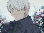  1boy black_coat black_gloves black_sweater blurry blurry_background coat commentary_request flower ginko gloves green_eyes hair_over_one_eye looking_to_the_side male_focus mushishi parted_lips plant sayshownen short_hair solo sweater turtleneck turtleneck_sweater twitter_username upper_body watermark white_hair winter 