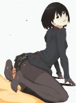  1boy 1girl alternate_uniform ass bangs black_eyes black_gloves black_hair black_legwear black_panties black_skirt bob_cut breasts censored commentary cum cum_on_ass cum_on_body cum_on_lower_body cum_on_penis empty_eyes fingers_on_ground footjob gakuran gloves hetero highres lace lace_panties light_blush long_sleeves looking_at_viewer looking_back looking_to_the_side monogatari_(series) naoetsu_high_school_uniform no_shoes noriko_(ni_noriko) oshino_ougi pale_skin panties pantyhose pantyshot parted_lips penis pleated_skirt school_uniform shadow short_hair skirt skirt_lift small_breasts soles solo_focus thighband_pantyhose toes two-footed_footjob underwear white_background 