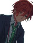  1boy bags_under_eyes collared_shirt commentary_request green_neckwear hair_between_eyes hypnosis_mic kannonzaka_doppo looking_at_viewer loose_necktie male_focus messy_hair multicolored_hair necktie orange_hair parted_lips sayshownen shirt short_hair simple_background solo striped striped_shirt two-tone_hair upper_body vertical-striped_shirt vertical_stripes white_background white_shirt 