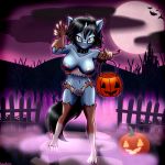  1:1 absurd_res anibaruthecat anthro areola breasts eyewear fan_character female fence food front_view fruit full_moon glasses halloween hi_res holidays horn looking_at_viewer mammal moon navel night nipples outside plant pumpkin 