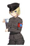  1girl absurdres armband artist_request black_jacket black_neckwear black_shirt blonde_hair blue_eyes braid breast_pocket breasts british cropped_legs cup darjeeling_(girls_und_panzer) england french_braid girls_und_panzer hat highres holding holding_cup jacket long_sleeves looking_at_viewer military military_hat military_uniform necktie oswald_mosley pocket real_life saucer shirt smile solo source_request teacup transparent_background uniform united_kingdom 