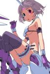  1girl :o armlet bangs bikini blue_eyes boots breasts commentary_request floating frilled_bikini frills garters gloves kayabakoro knees_up looking_at_viewer mecha_musume mechanical_hands mechanical_legs medium_breasts navel open_mouth original purple_eyes purple_gloves purple_legwear short_hair sideboob silver_hair simple_background solo swimsuit thigh_boots thighhighs white_background white_bikini 