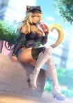  1girl animal_hat aruma_jiki black_legwear blonde_hair blue_eyes blurry blurry_background boots bracelet breasts cat_hat choker cleavage dark_skin day detached_sleeves facial_mark final_fantasy final_fantasy_xiv hat heart heart_necklace high_heel_boots high_heels jewelry knee_boots long_hair looking_at_viewer medium_breasts miqo&#039;te necklace outdoors shorts sitting slit_pupils solo tank_top thighhighs whisker_markings 
