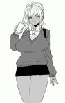  1girl bangs blunt_bangs breasts butakun cellphone ear_piercing greyscale gyaru long_hair monochrome original phone piercing ponytail school_uniform simple_background skirt sleeves_past_wrists smartphone smile solo white_background 