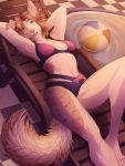  2019 anthro ball barefoot beach_ball beach_chair breasts brown_body brown_fur brown_hair canid canine canis clothing day detailed_background digital_media_(artwork) domestic_dog female fur hair hands_behind_head hi_res inner_ear_fluff looking_at_viewer lying lynjox mammal maritola midriff navel open_mouth outside pink_nose smile solo swimming_pool swimwear teeth tongue tuft water 