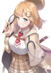  1girl blue_eyes breasts floating_hair hat highres holding_magnifying_glass hololive hololive_english ina_(inadiary) large_breasts looking_at_viewer mini_necktie smile solo virtual_youtuber watson_amelia white_background 