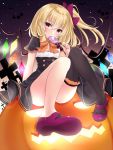  1girl alternate_costume asymmetrical_legwear black_dress black_legwear blonde_hair blush bow candy convenient_leg covering_mouth cross dress english_commentary eyebrows_visible_through_hair flandre_scarlet food foreshortening gradient_sky hair_between_eyes hair_ribbon halloween halloween_costume head_tilt holding holding_candy holding_food holding_lollipop jack-o&#039;-lantern lollipop looking_at_viewer mary_janes no_hat no_headwear one_side_up orange_bow orange_neckwear purple_footwear purple_ribbon red_eyes ribbon shiny shiny_hair shoes short_hair short_sleeves sitting sitting_on_object sky solo star_(sky) starry_sky swirl_lollipop thighhighs tosakaoil touhou wings 