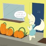  1:1 anthro canid canine door english_text eyewear female fennec fluffy fluffy_tail food fox fruit glass glasses hi_res hocolatemilk long_ears mammal outside plant pumpkin pumpkin_patch pumps short_stack solo steps text wide_hips window zoe_(hocolatemilk) 