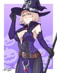  1girl adjusting_clothes adjusting_headwear armpits black_gloves black_legwear blush border breasts cleavage detached_collar detached_sleeves dress embarrassed fate/grand_order fate_(series) gloves grey_hair halloween_costume hat highres holding holding_staff jeanne_d&#039;arc_(alter)_(fate) jeanne_d&#039;arc_(fate)_(all) large_breasts looking_at_viewer pale_skin pantyhose purple_background purple_dress purple_headwear purple_sleeves short_hair side_slit signature solo staff toni_nguyen wavy_mouth white_border witch witch_hat yellow_eyes 