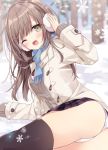  1girl ;d ass bangs black_legwear blue_scarf blurry blurry_background breasts brown_cardigan brown_coat brown_eyes brown_hair cardigan coat commentary_request depth_of_field duffel_coat earmuffs eyebrows_visible_through_hair fringe_trim grey_skirt hair_ornament hairclip hand_up hoshi_(snacherubi) long_hair long_sleeves looking_at_viewer medium_breasts one_eye_closed open_clothes open_coat open_mouth outdoors panties plaid plaid_skirt scarf skirt sleeves_past_wrists smile snow snowflakes snowing solo thighhighs tree underwear white_panties 