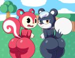  2020 absurd_res animal_crossing anthro black_body breasts butt digital_media_(artwork) duo female fur hi_res looking_back mammal mintyspirit nintendo nipples nude orange_nose pink_nipples poppy_(animal_crossing) red_body red_fur red_nose rodent sciurid tasha_(animal_crossing) tree tree_squirrel video_games white_body yellow_eyes 