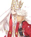  1boy 1girl archer armor cherry_blossoms crown dark_skin dignjooo dress dress_of_heaven fate/stay_night fate_(series) heaven&#039;s_feel highres illyasviel_von_einzbern long_hair looking_afar pale_skin red_eyes side-by-side smile white_background white_hair 